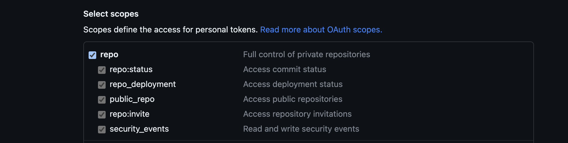 Define scopes for GitHub access token