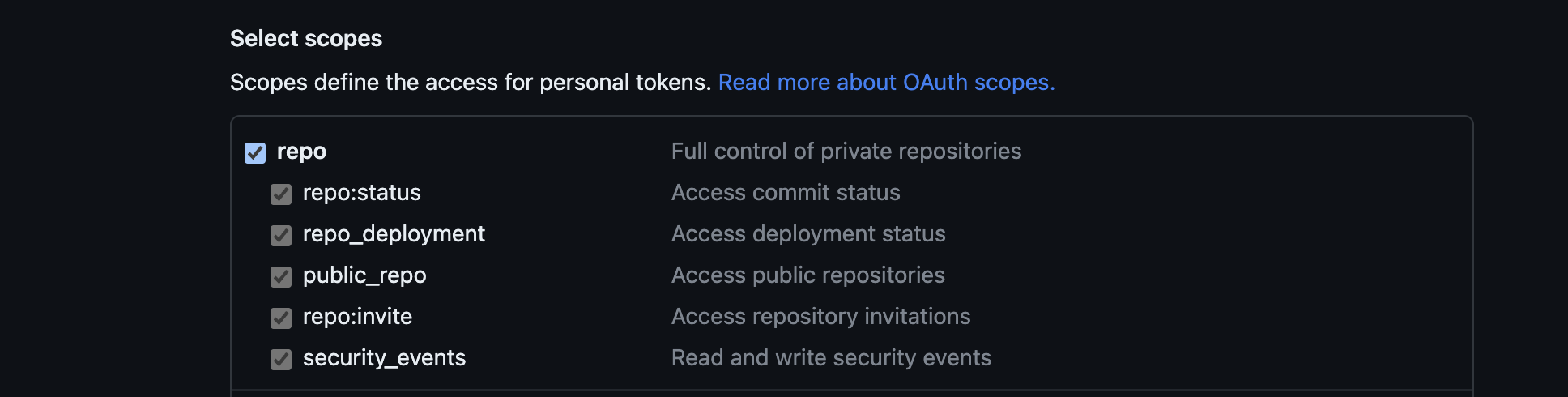 Defina escopos para o token de acesso do GitHub.