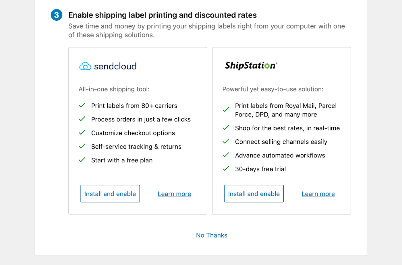 Ativando a impressão de etiquetas de envio.