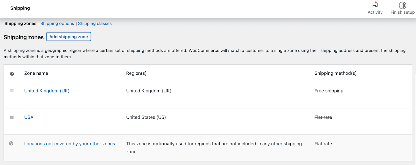 WooCommerce shipping settings