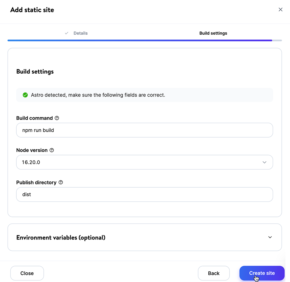 Screenshot: Suggested static site build settings.