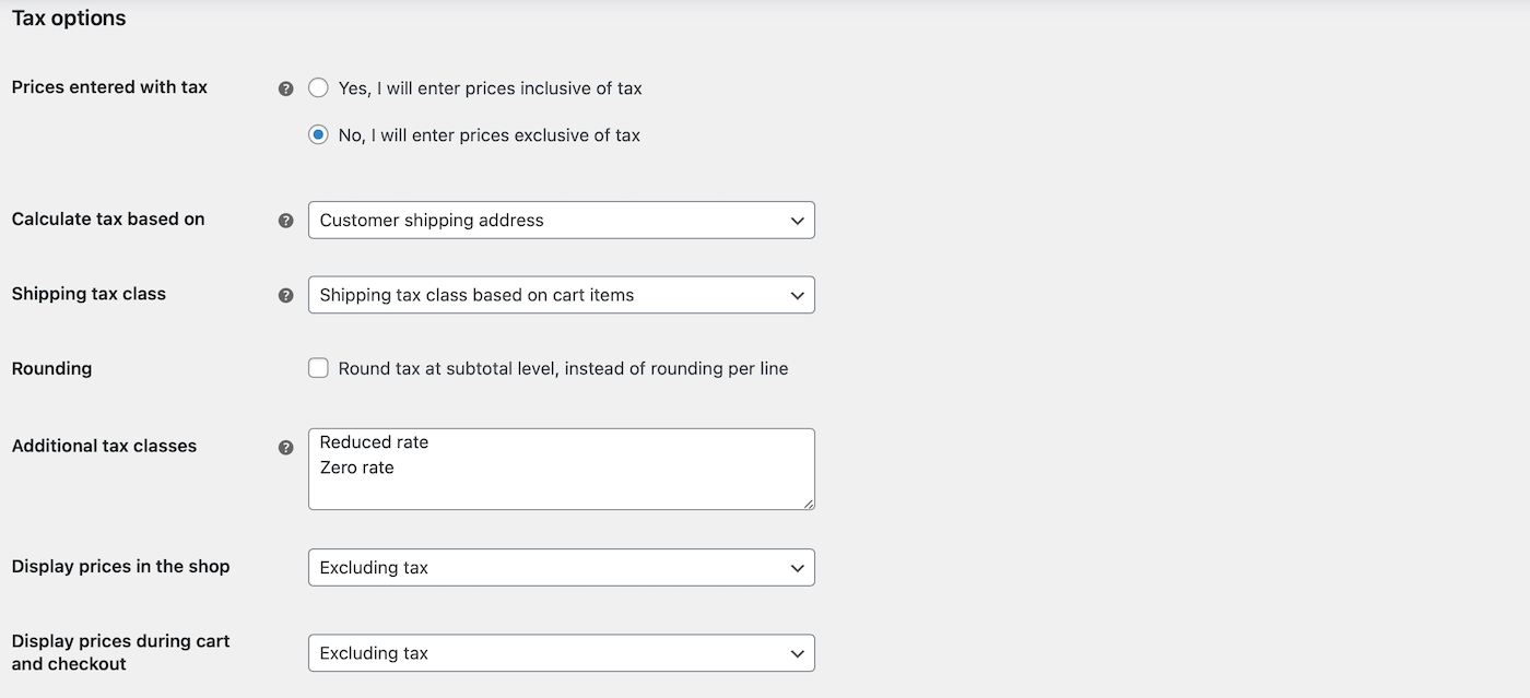 Opções de impostos.