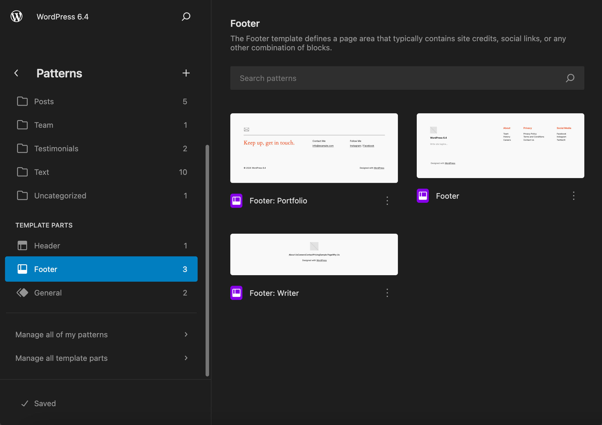 Twenty Twenty-Four's patterns en template parts in de Site Editor