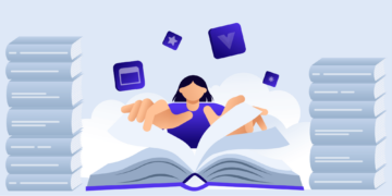 An illustration of an individual with a stack of books, representing Vue Component libraries.