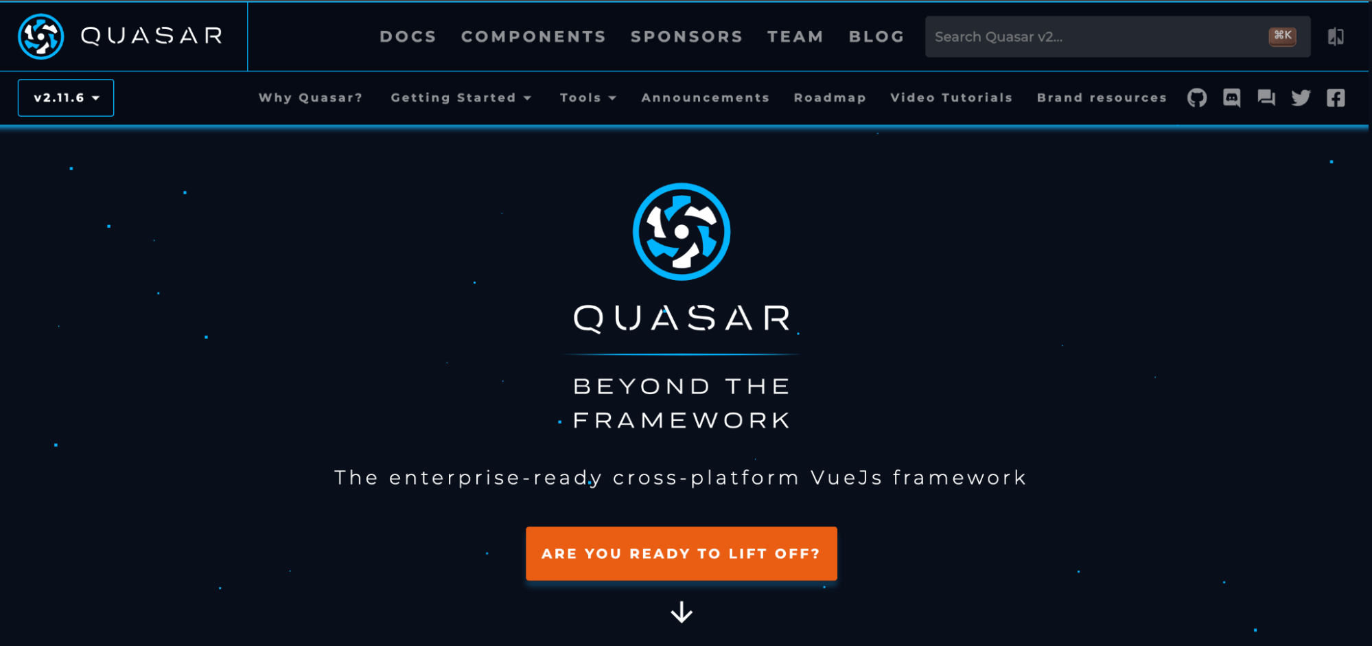 Screenshot: The Quasar homepage.