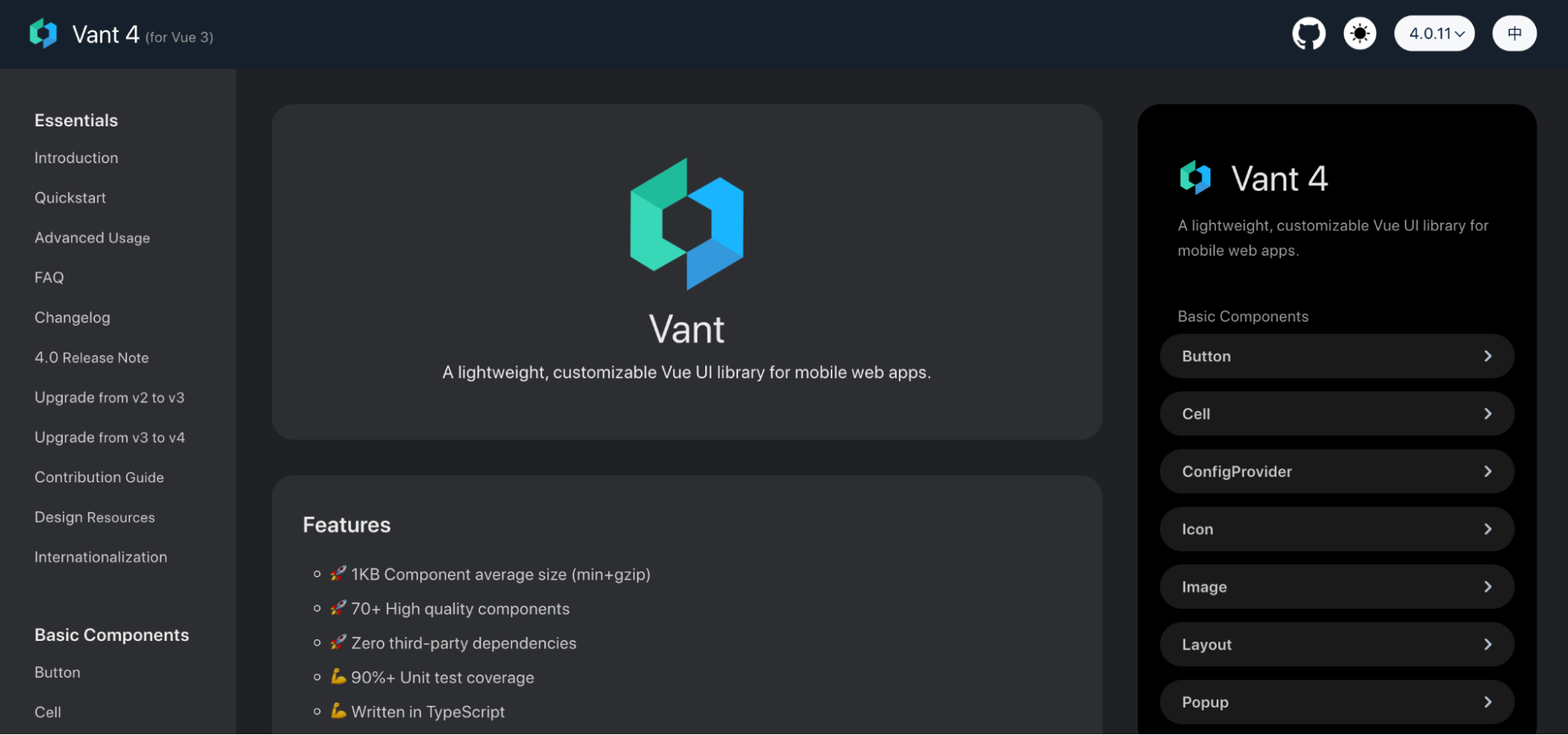 Screenshot: The Vant homepage.
