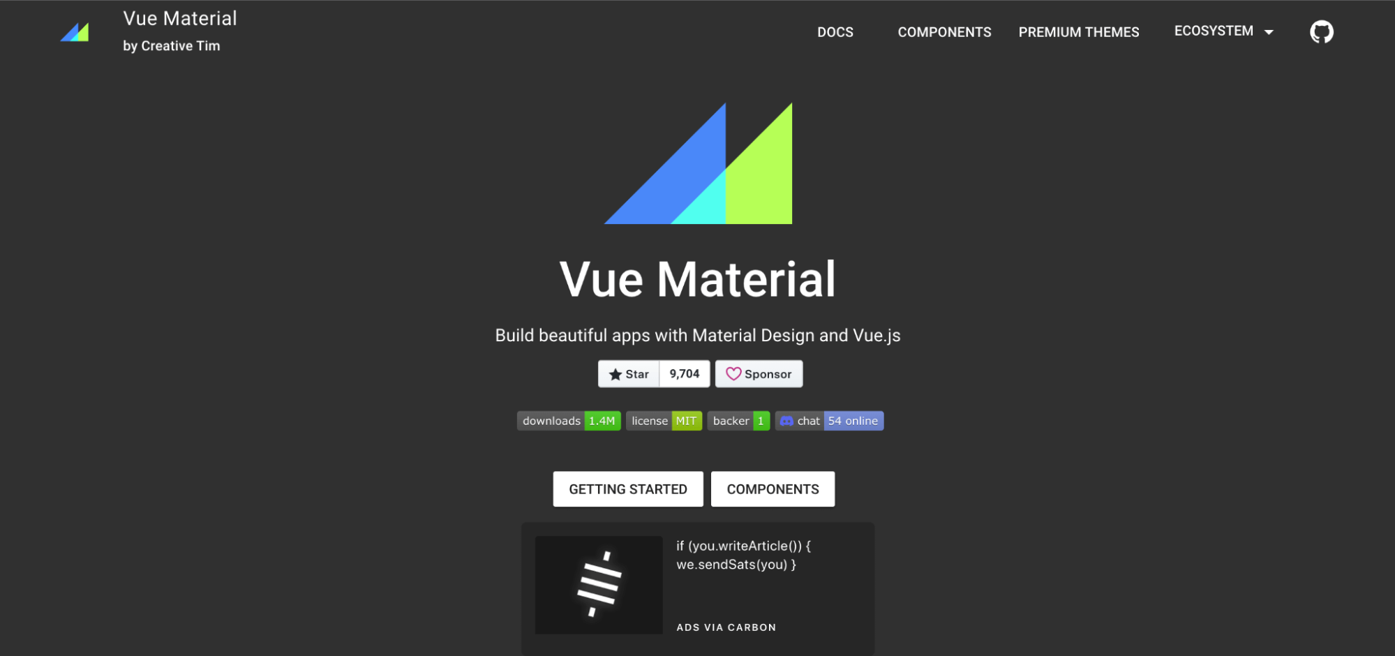 Screenshot: The Vue Material homepage.