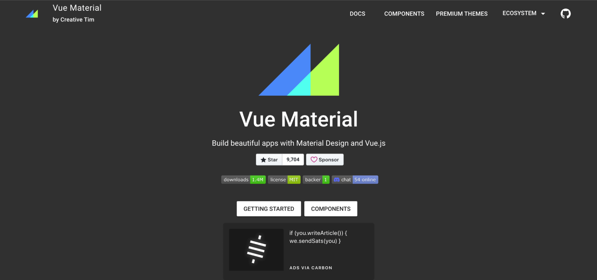 Screenshot: homepage di Vue Material.