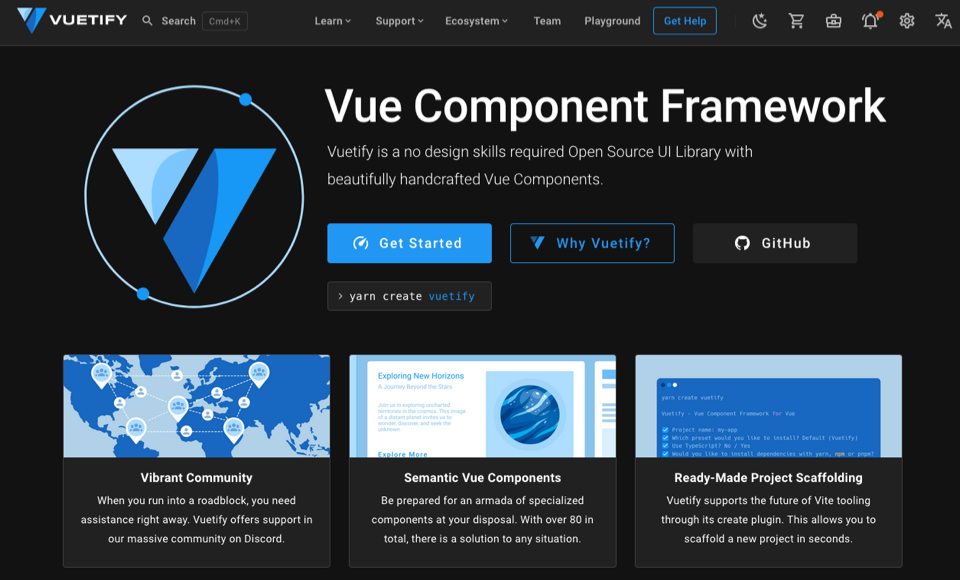 Screenshot: homepage di Vuetify.