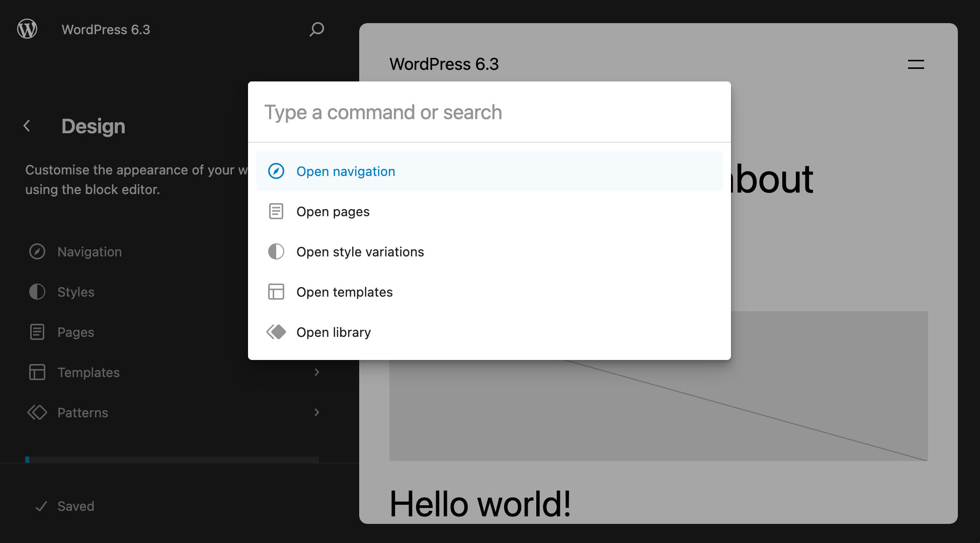 A paleta de comandos no WordPress 6.3.