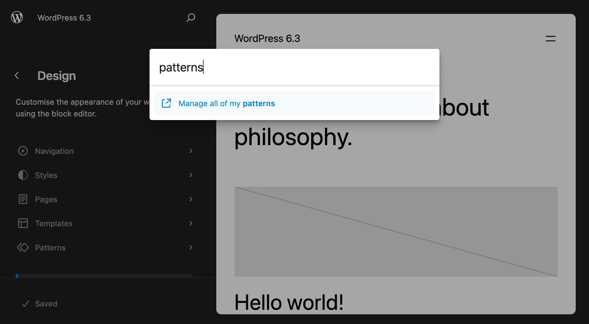 Searching for patterns in WordPress 6.3