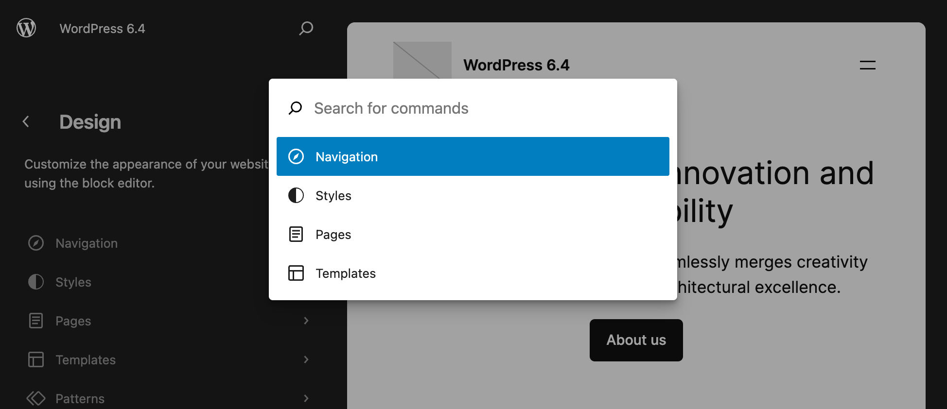 La palette de commandes dans WordPress 6.4