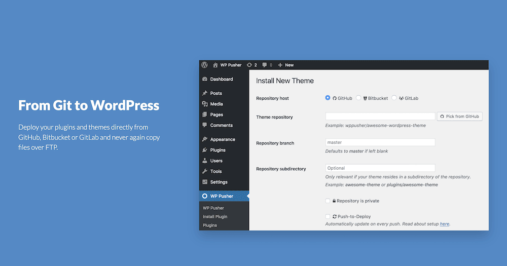 De WP Pusher homepage met een blauwe achtergrond, met een slogan en beschrijving voor de plug-in, en een screenshot van het instellingenscherm binnen het WordPress-dashboard.