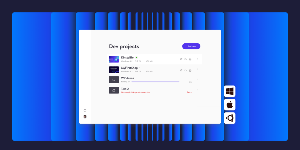 Captura de tela da interface DevKinsta