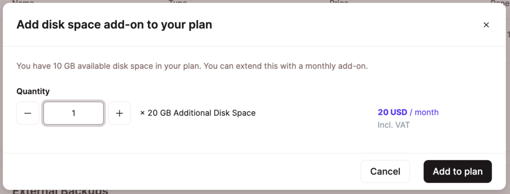 Disk space add-on quantity.