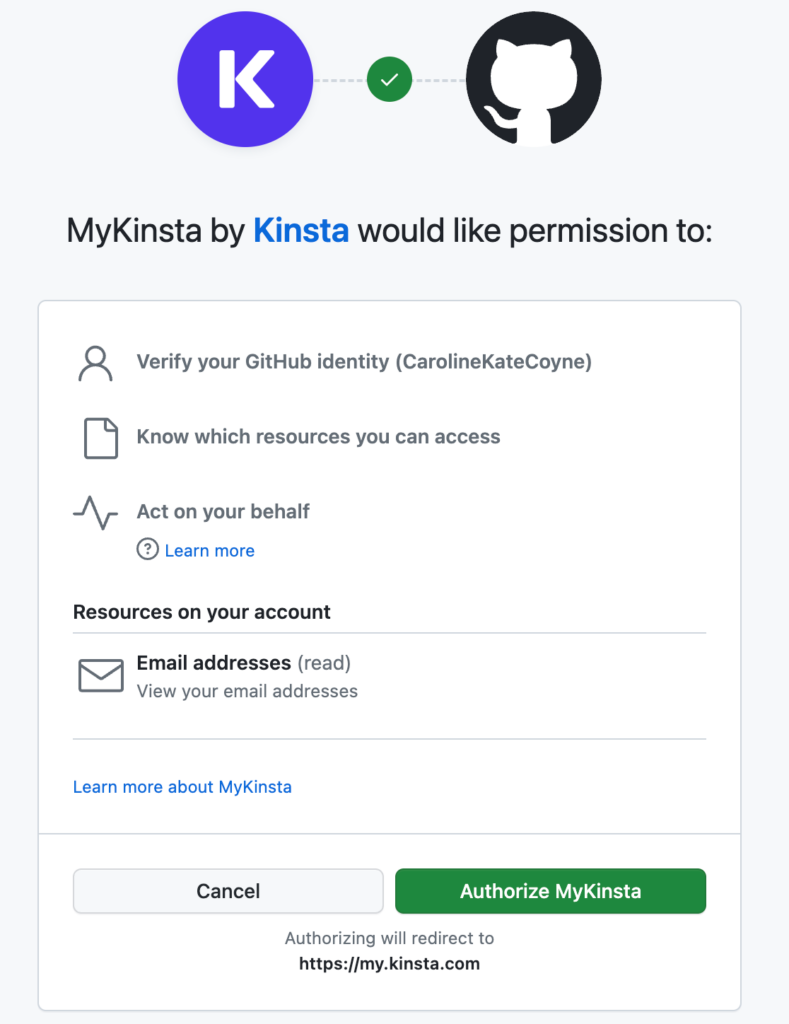 Authorize Kinsta to connect to your GitHub account.