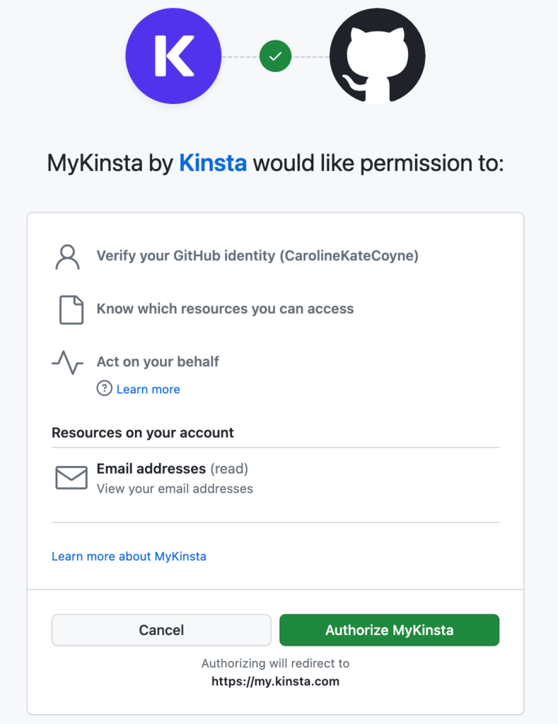 Autoriseer Kinsta om verbinding te maken met je GitHub account.