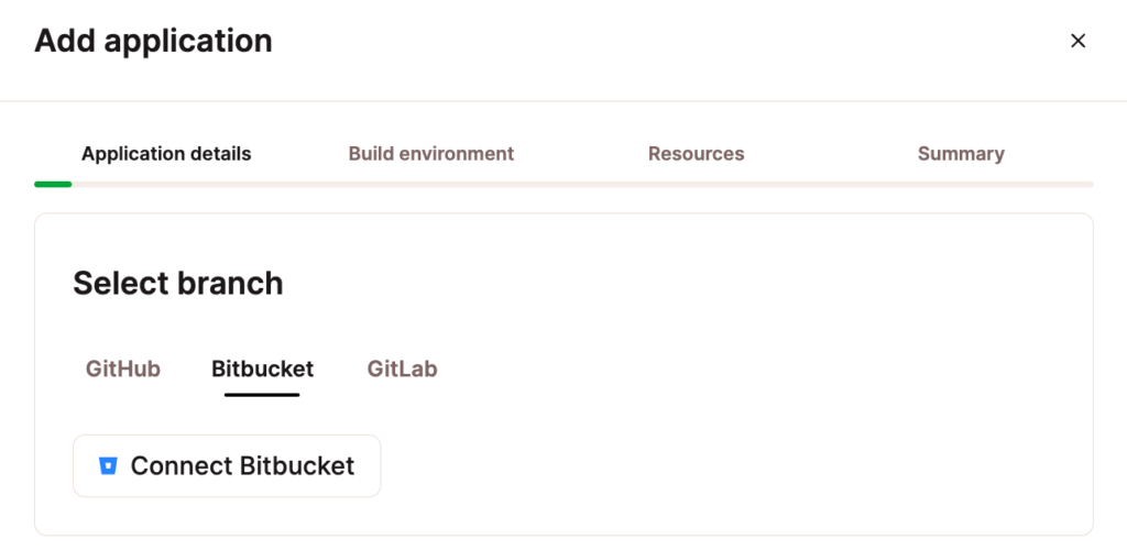 Select Bitbucket in Application details when adding an application.
