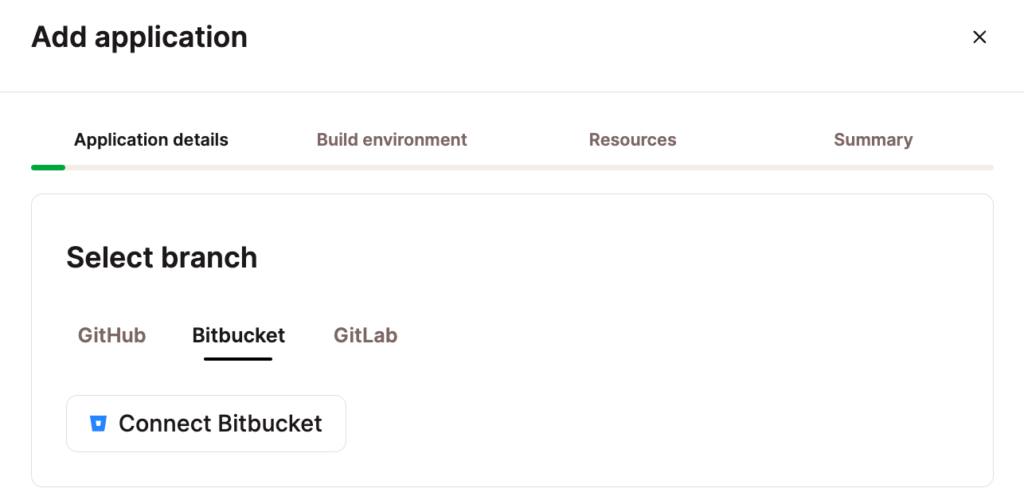 Selecteer Bitbucket in Applicatie details bij het toevoegen van een applicatie.