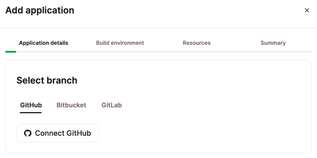 Connect GitHub in Application details when adding an application.
