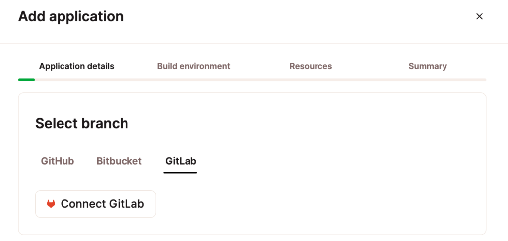 Selecteer GitLab in Applicatie details bij het toevoegen van een applicatie.