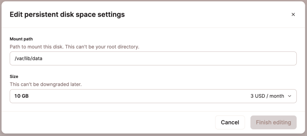 Edit persistent disk space settings to change the mount path or increase the disk size.