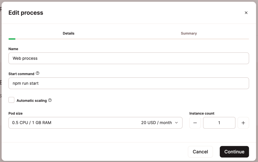 Change pod size, instance count, and automatic scaling for a process.