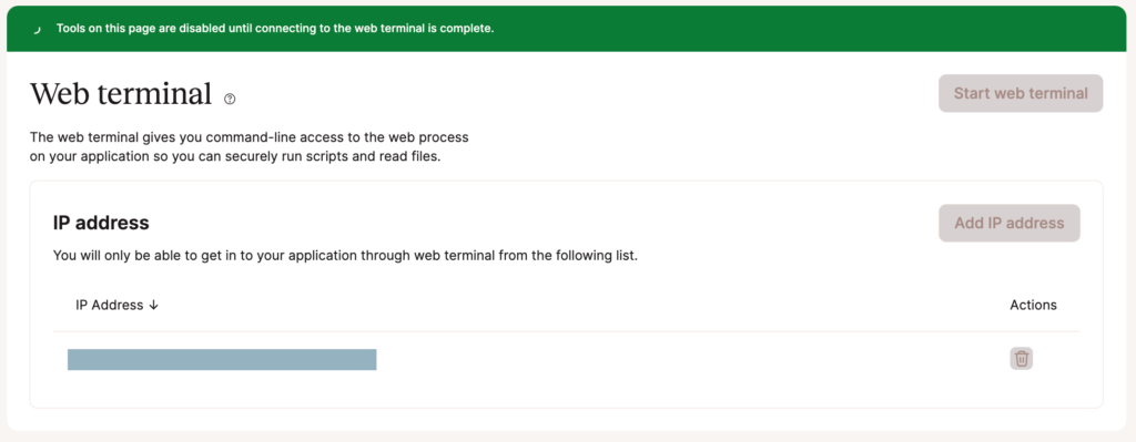 Le opzioni della pagina del terminale web sono disabilitate durante l'avvio della connessione al terminale web.