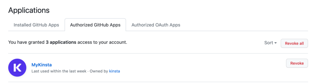 L'application Kinsta GitHub dans applications GitHub autorisées.