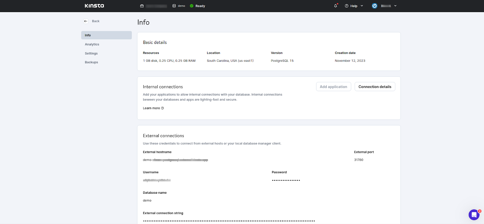 The info page for the deployed database dashboard. Details include resources, location, version, creation date, a list of internal connections, and information about internal connections, including the connection string.