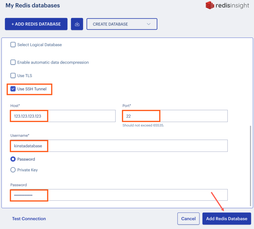 Enter your MyKinsta SSH credentials to connect to RedisInsight.