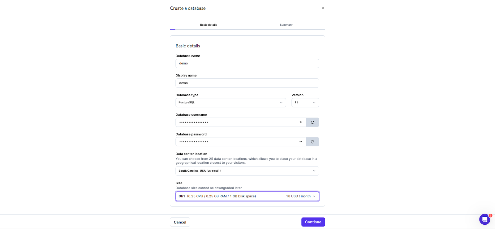 Formulario para crear una base de datos. Los campos incluyen el nombre de la base de datos, el nombre para mostrar, el tipo y la versión de la base de datos, el nombre de usuario y la contraseña de la base de datos, la ubicación del centro de datos y el tamaño. Hay dos botones en la parte inferior del formulario: Cancelar y Continuar