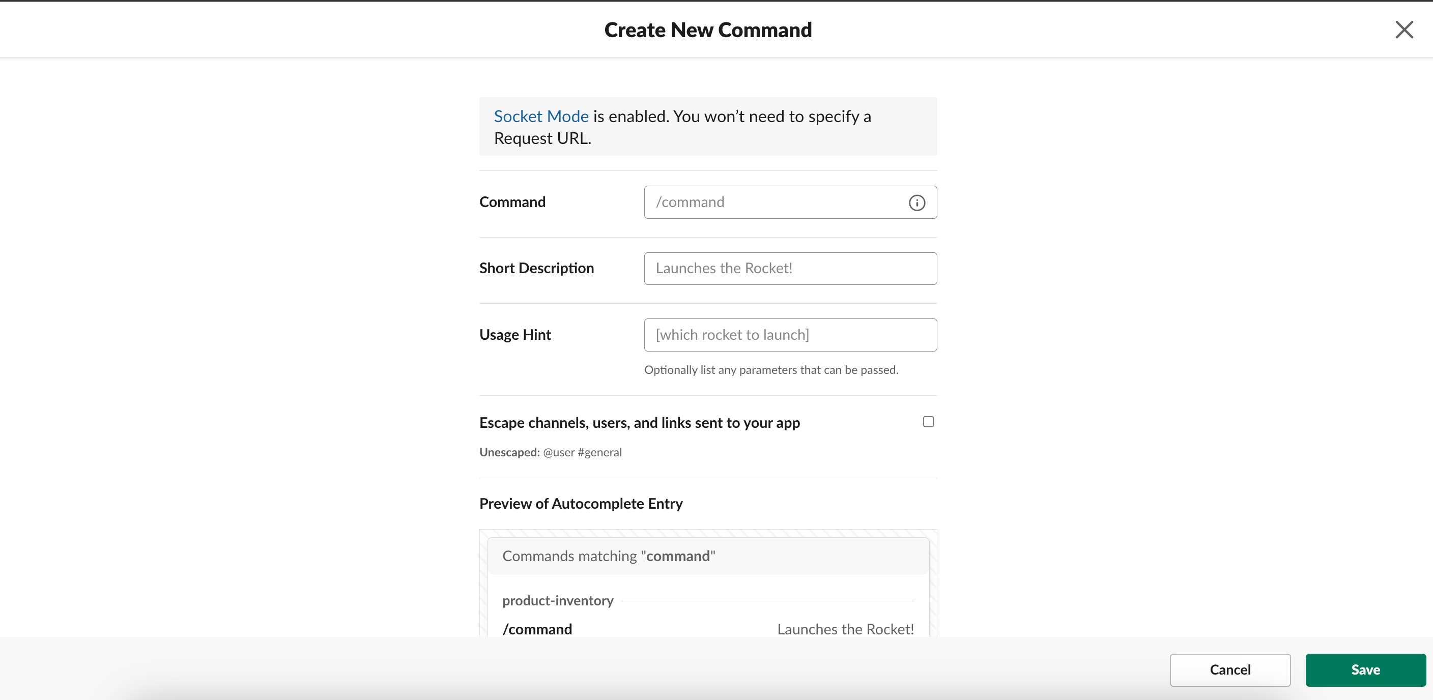 Slack Create New Command page with options for command, short description, and usage hint. Also has details for escape channels, users, and links sent to your app and a preview of an autocomplete entry