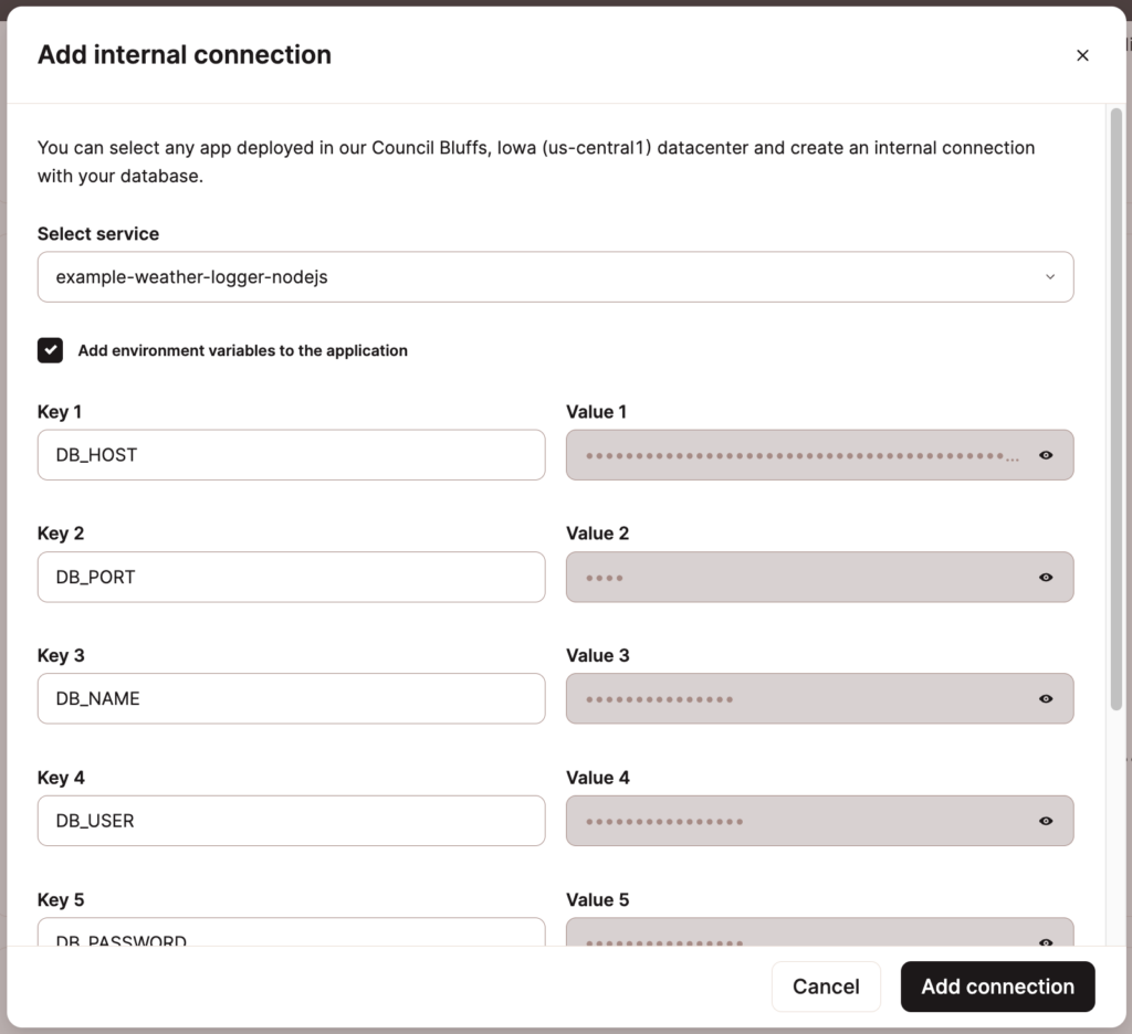 Compilazione automatica delle variabili d'ambiente dai dettagli della connessione al database.