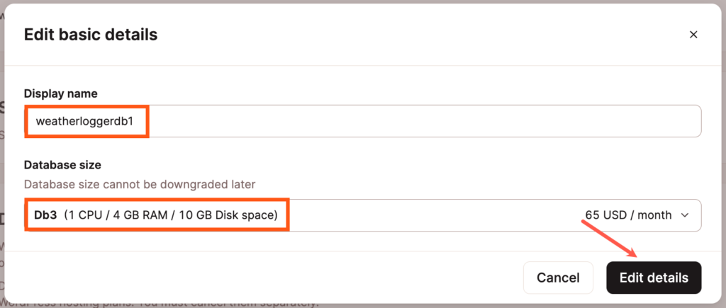 Cambia el nombre o el tamaño de la base de datos en los detalles de la base de datos en MyKinsta.