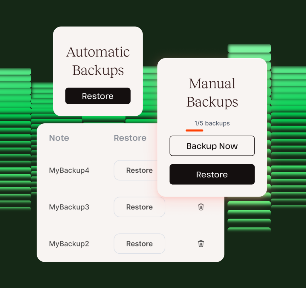 Schermate che mostrano la funzionalità di backup del database