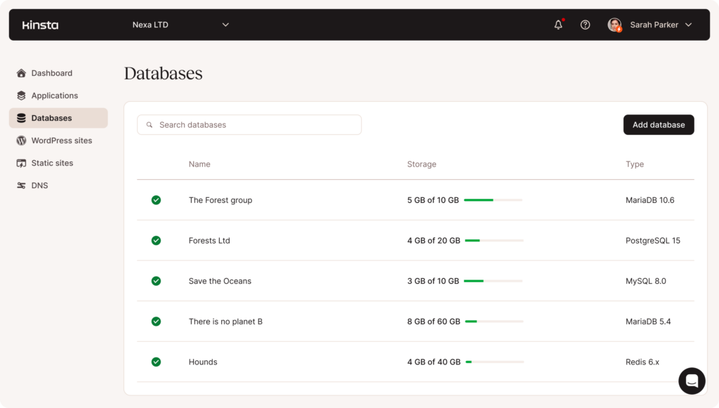 Captura de pantalla de la funcionalidad de gestión de la base de datos de MyKinsta