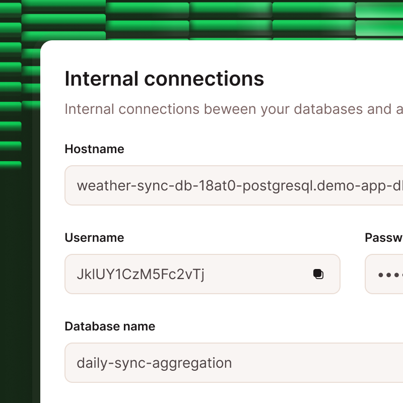 Skärmdump som visar alternativ för databasens interna anslutningar