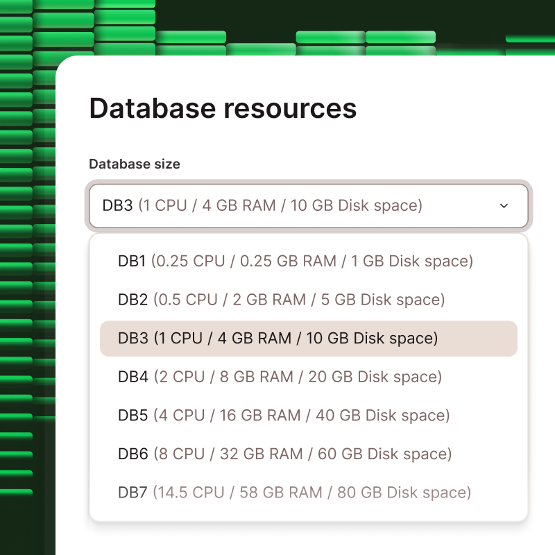 Captura de pantalla que muestra el selector para diferentes niveles de recursos de la base de datos
