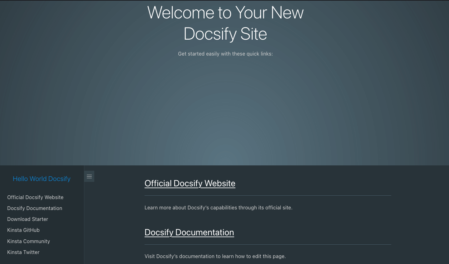 Página de boas-vindas do Docsify após a implantação bem-sucedida do Docsify.