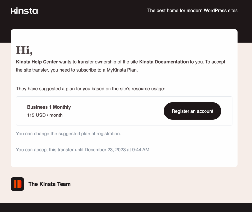 Site transfer email with a recommended plan.