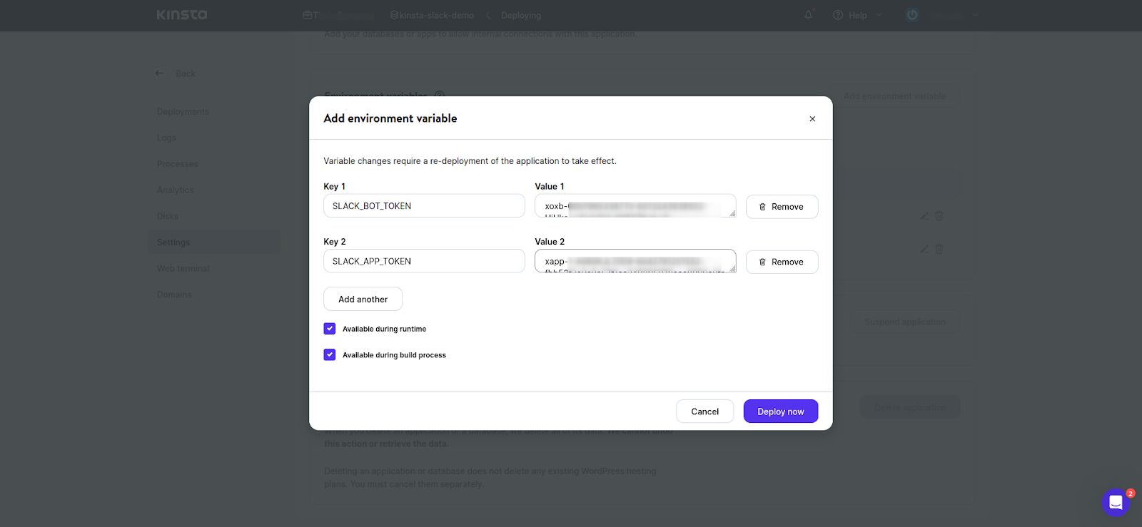 La fenêtre contextuelle Ajouter une variable d'environnement Slack s'affiche.