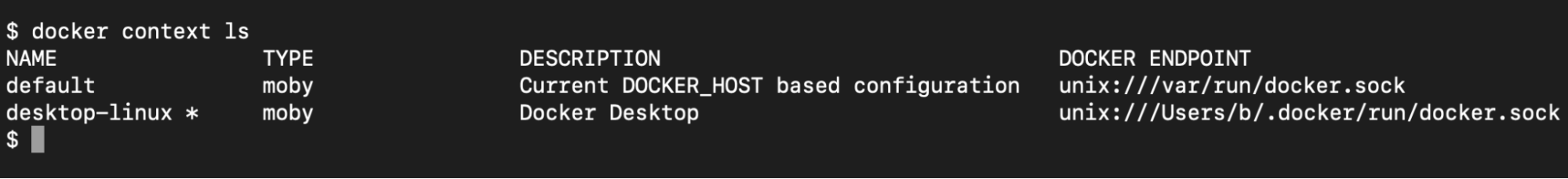 docker context ls output.