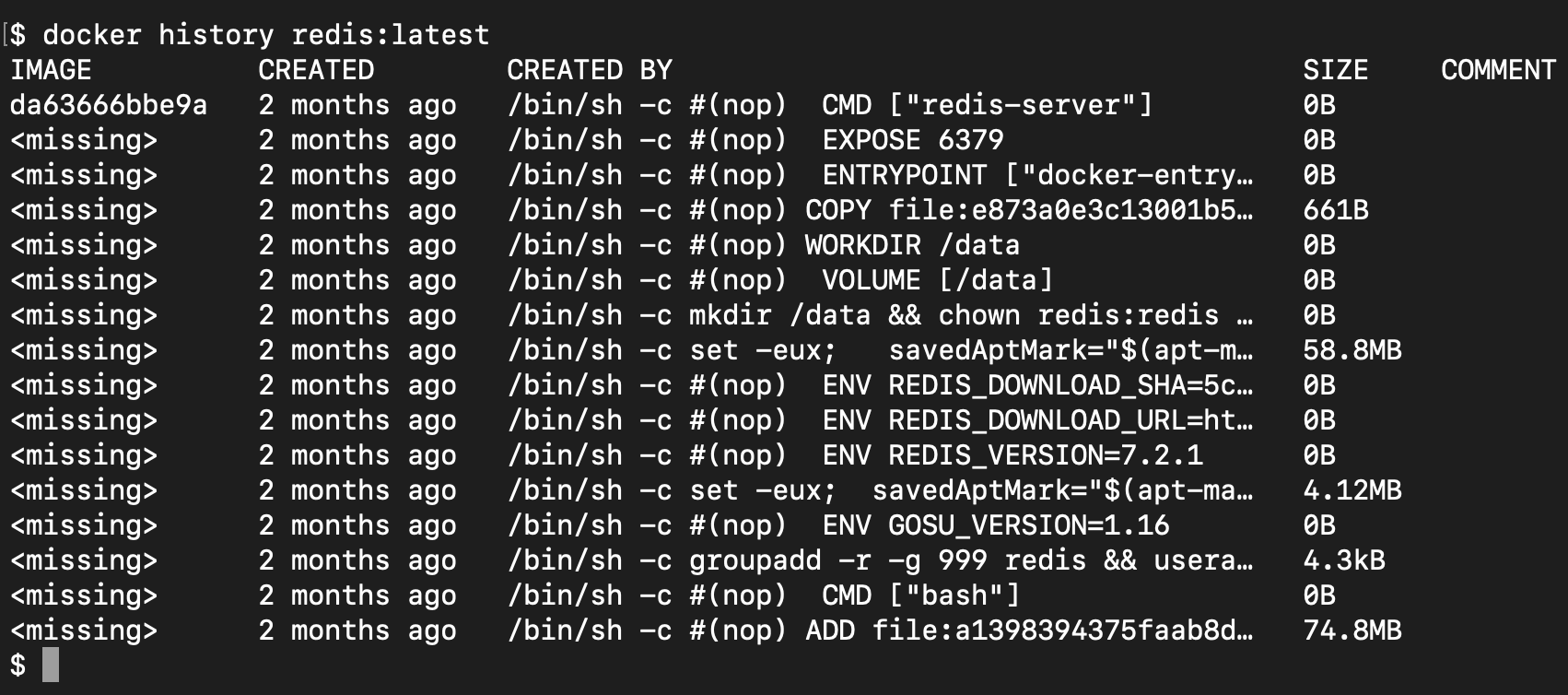 Captura de pantalla: el comando docker history.