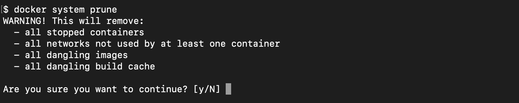 Screenshot: the docker system prune command.