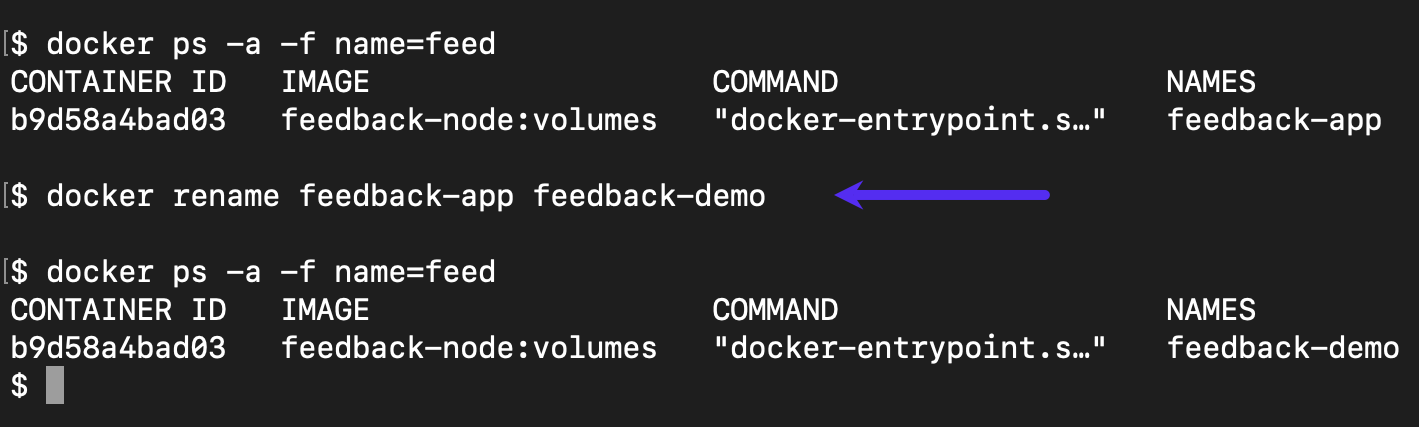 Снимок экрана: команда переименования Docker.