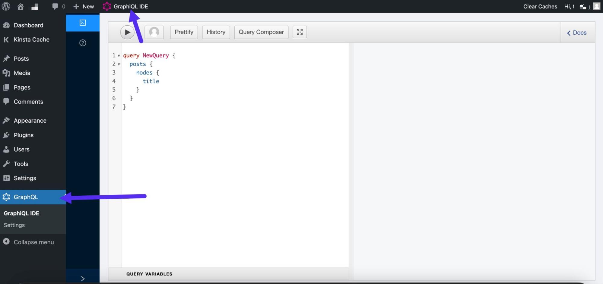 Explorar el IDE de GraphQL en WordPress.