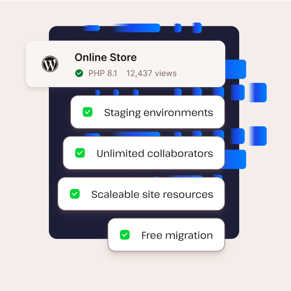 WordPress features: Staging environments, Unlimited collaborators, Scalable site resources and Free migration