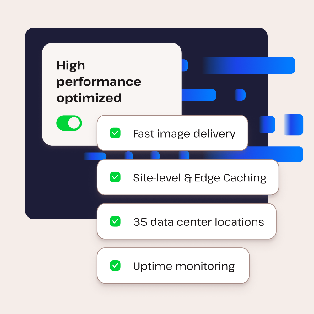 Illustration showing Kinsta high performance optimized features, including fast image delivery, site-level & edge caching, 35 data center locations and uptime monitoring