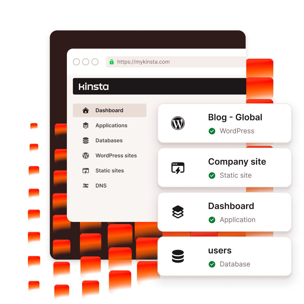 Screenshot showing the various Kinsta services in the MyKinsta dashboard